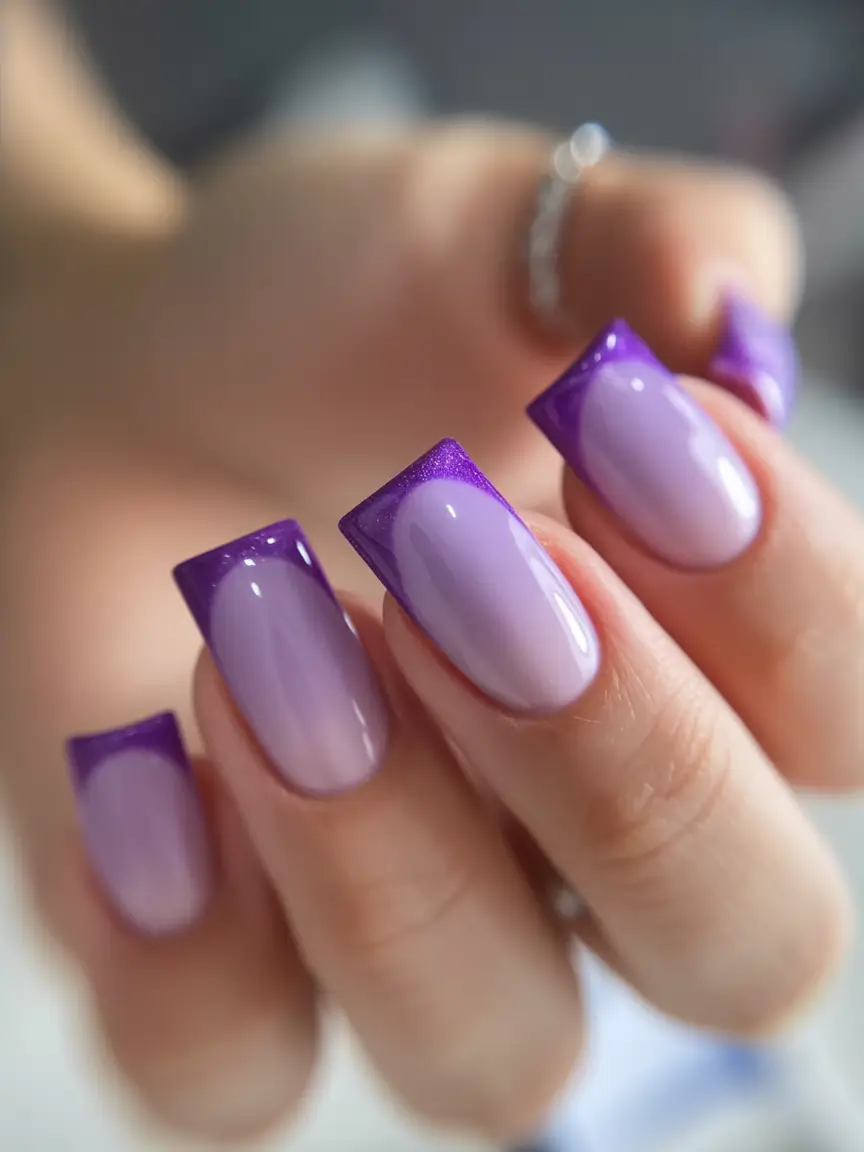 Glossy Gel Nails for Summer 2025 Bold Violet French With A Futuristic Twist