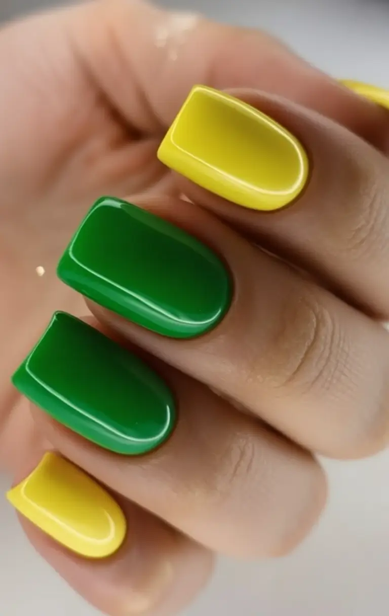 Glossy Gel Nails for Summer 2025 Split-Tone Color Blocks In Lemon And Leaf