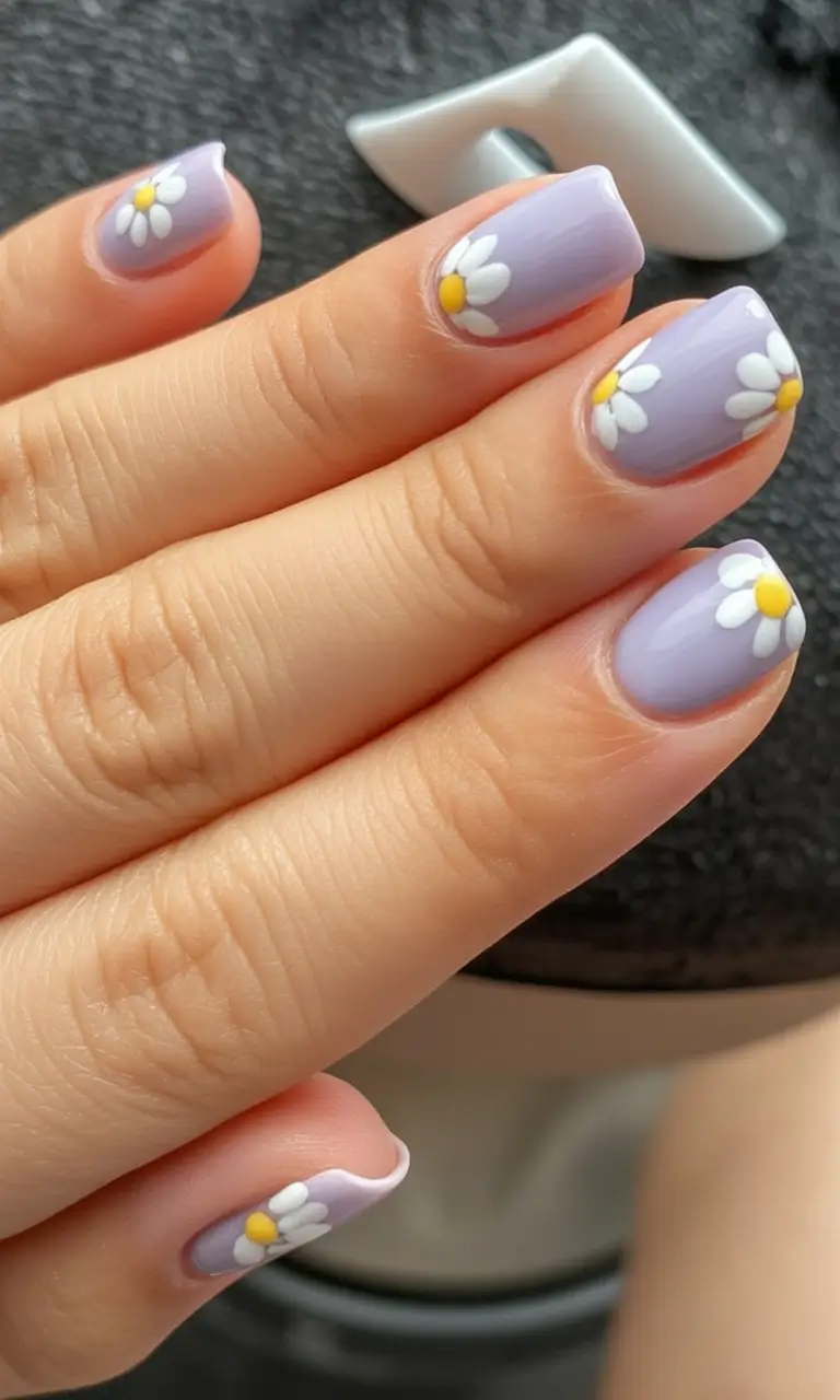 Glossy Gel Nails for Summer 2025 Soft Lilac Base With Daisy Accents