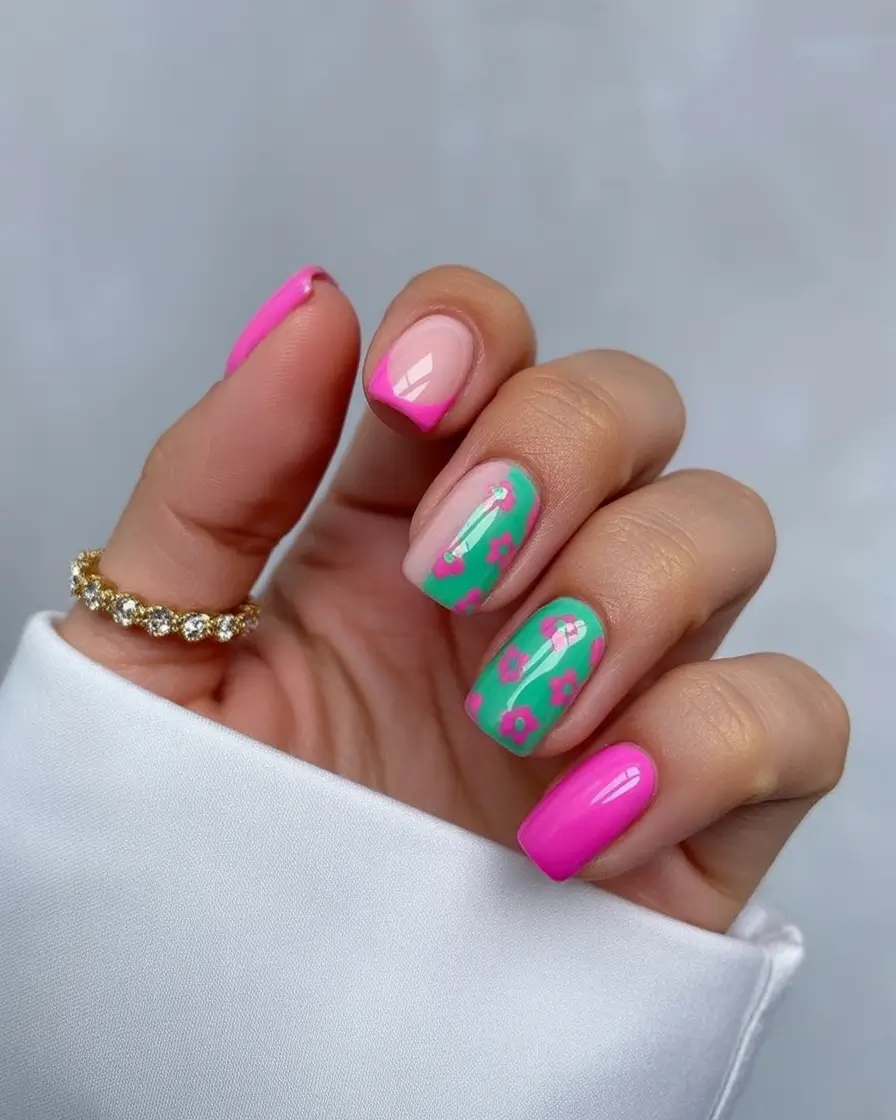Glossy Gel Nails for Summer 2025 Retro Pink And Mint Floral Twist