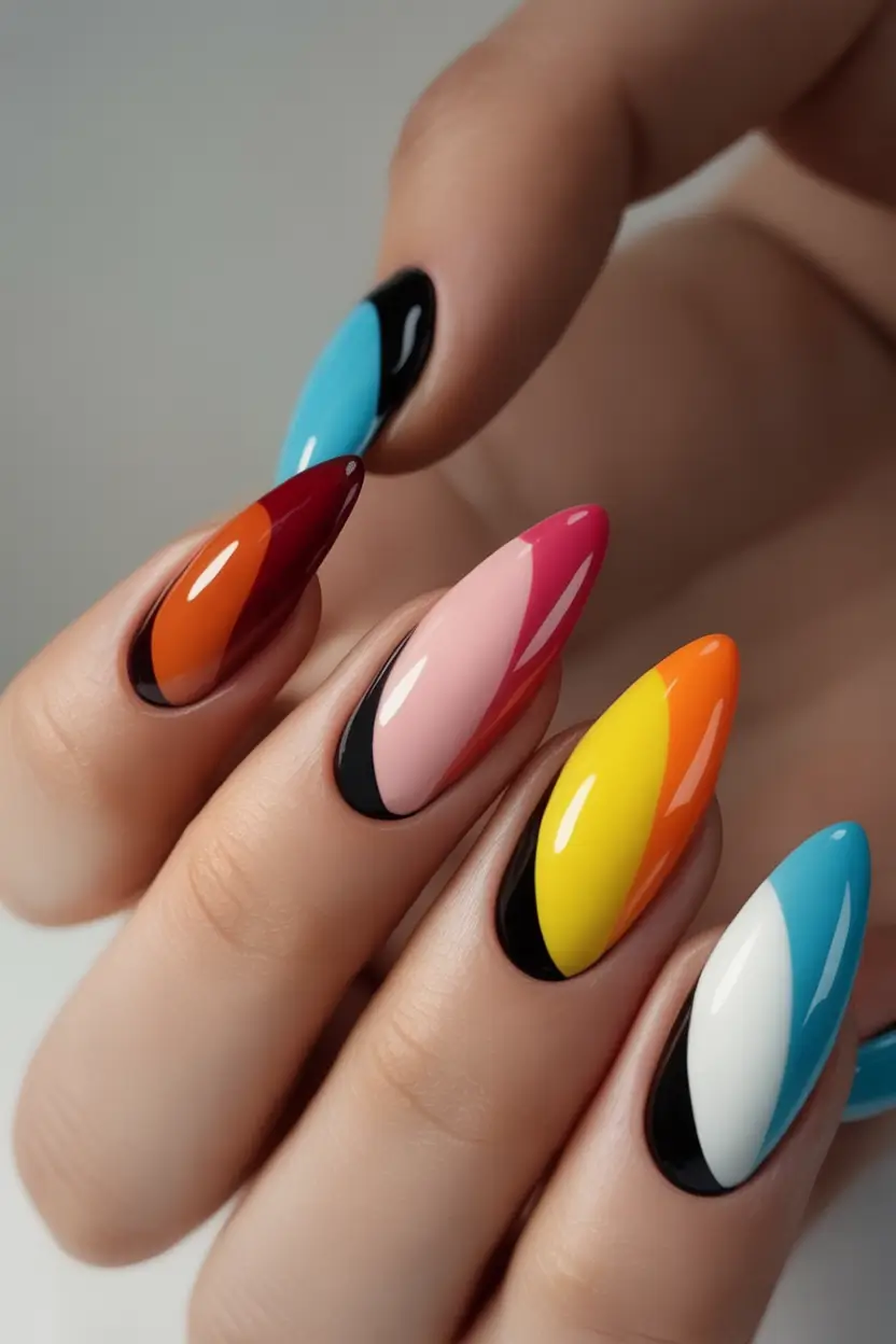 Glossy Gel Nails for Summer 2025 Pop-Art Almond Abstracts