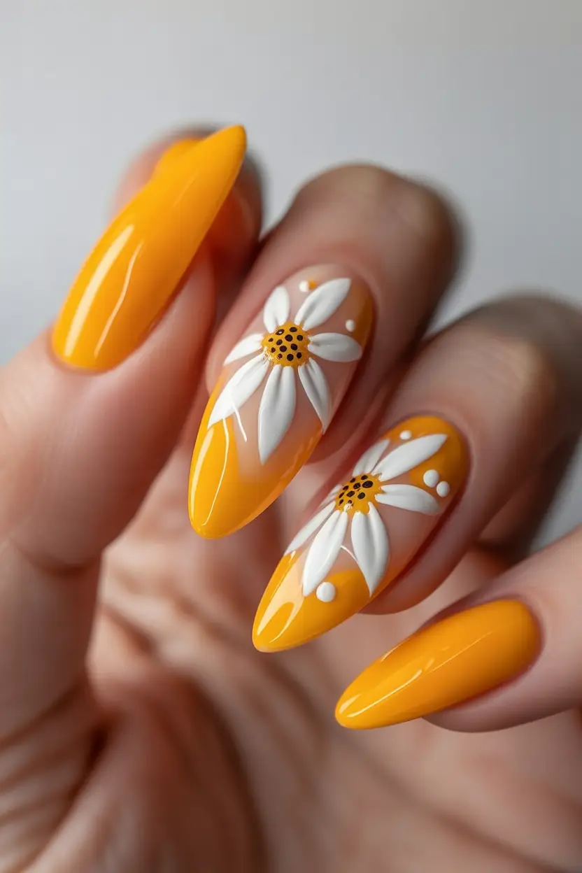 Glossy Gel Nails for Summer 2025 Bold Daisies On Tangerine Almond