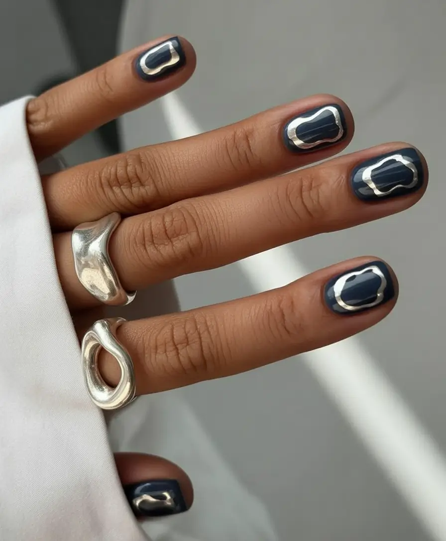 Glossy Gel Nails for Summer 2025 Chrome Outlines on Midnight Slate