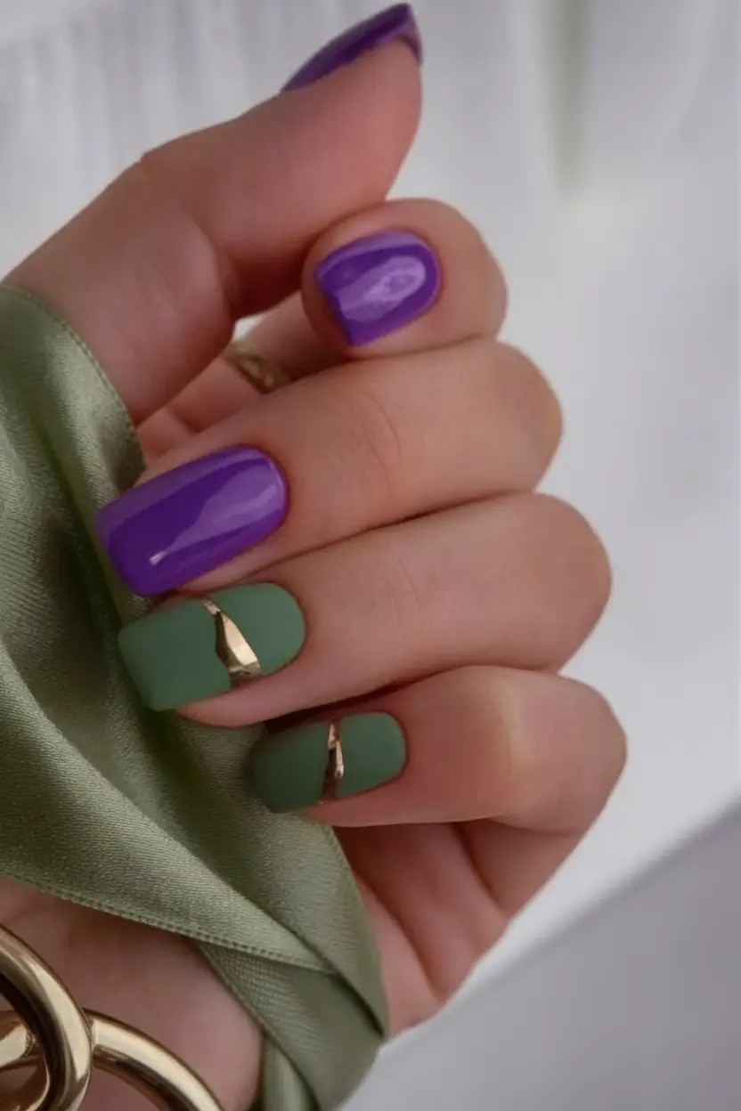Glossy Gel Nails for Summer 2025 Bold Lilac and Sage Contrast
