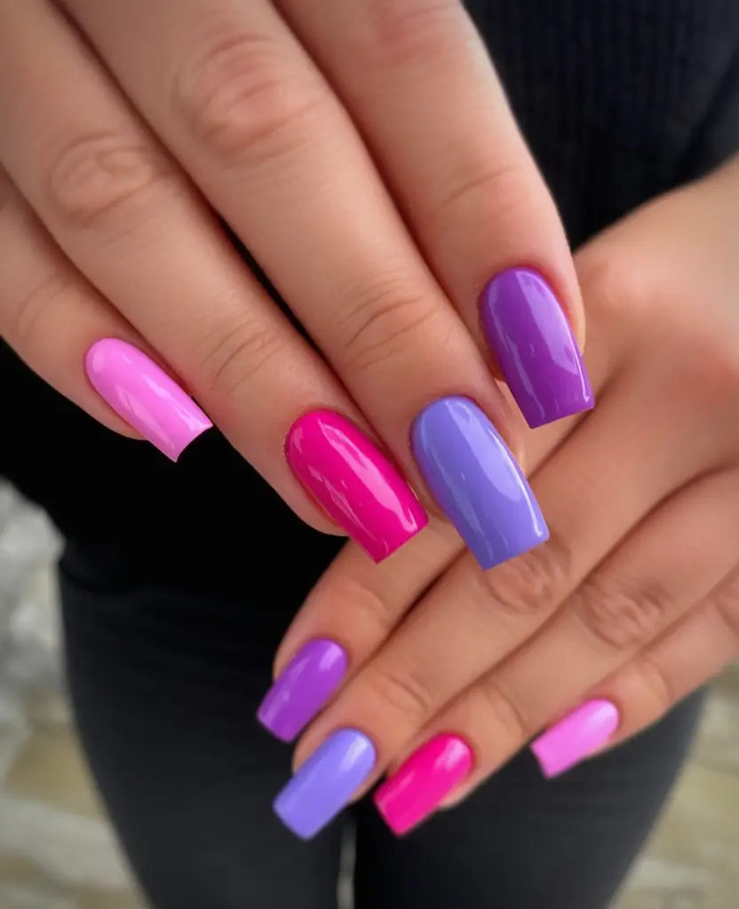 Glossy Gel Nails for Summer 2025 Electric Berry & Lavender Pop
