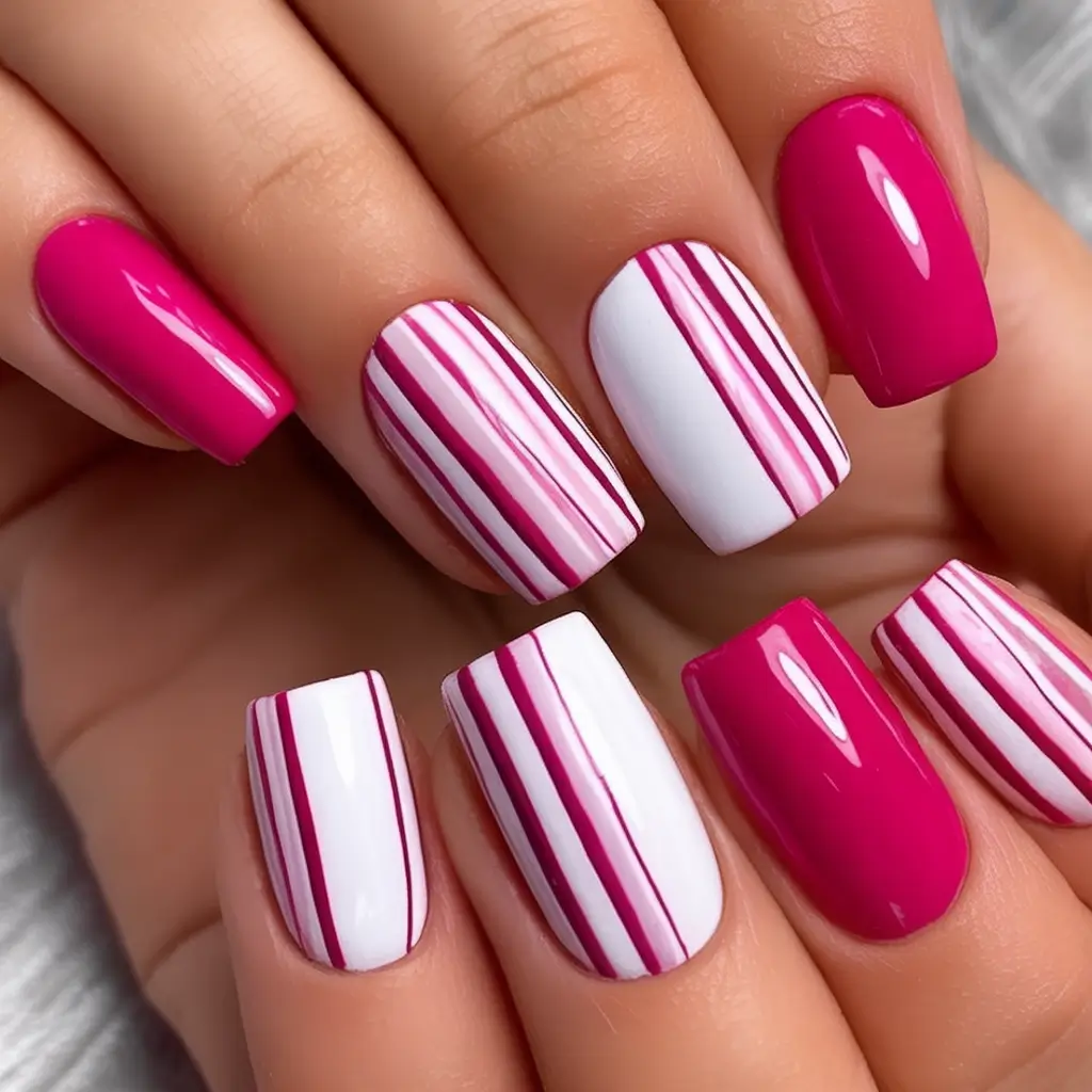 Glossy Gel Nails for Summer 2025 Berry Stripe Chic