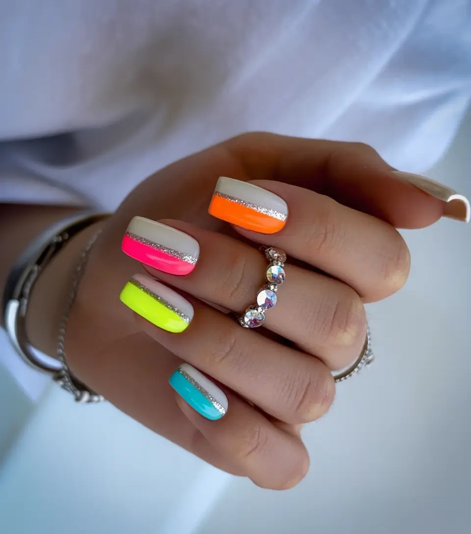 Glossy Gel Nails for Summer 2025 Sunset Neon French Remix