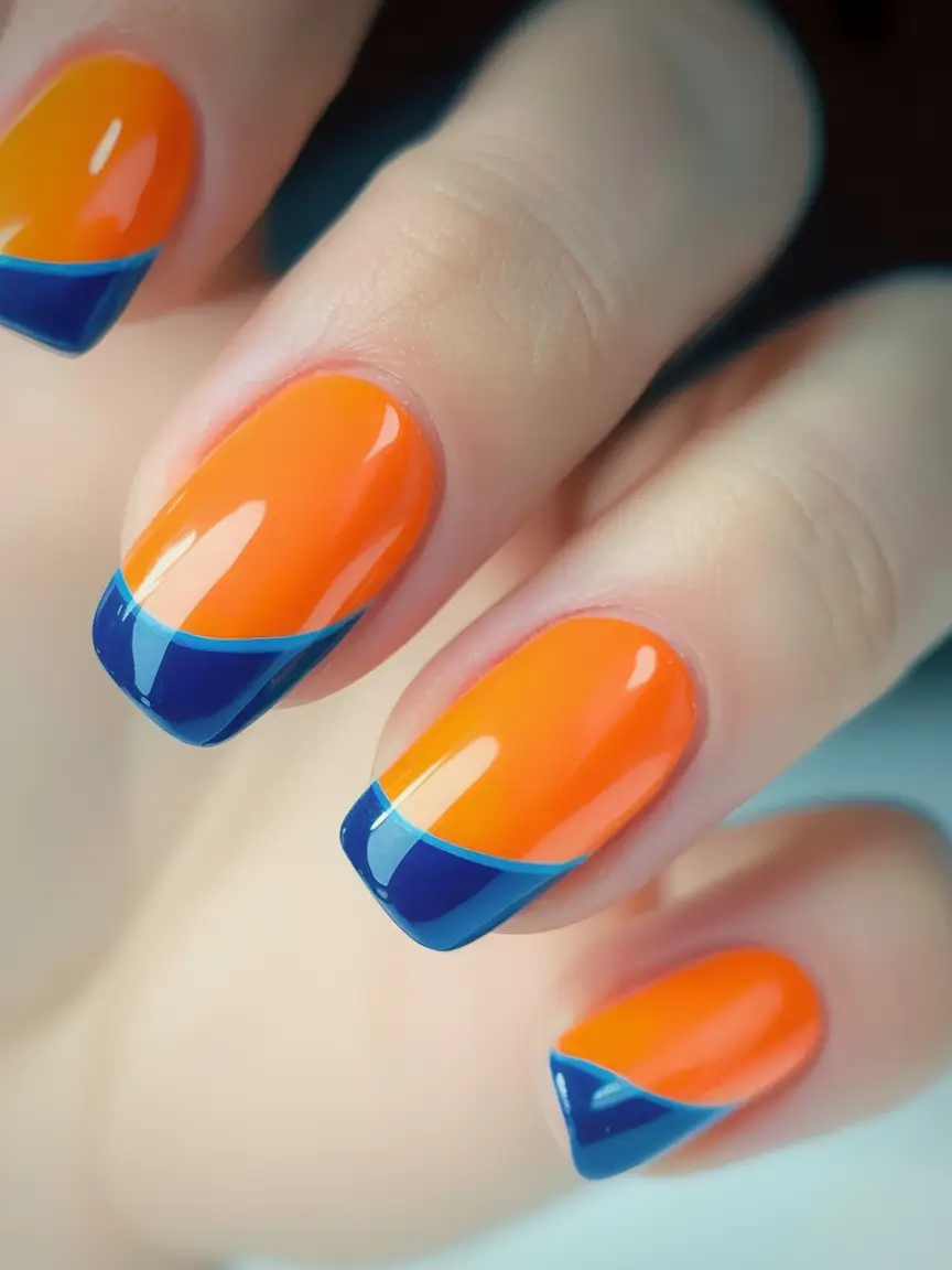 Glossy Gel Nails for Summer 2025 Tangerine & Midnight Wave Tips