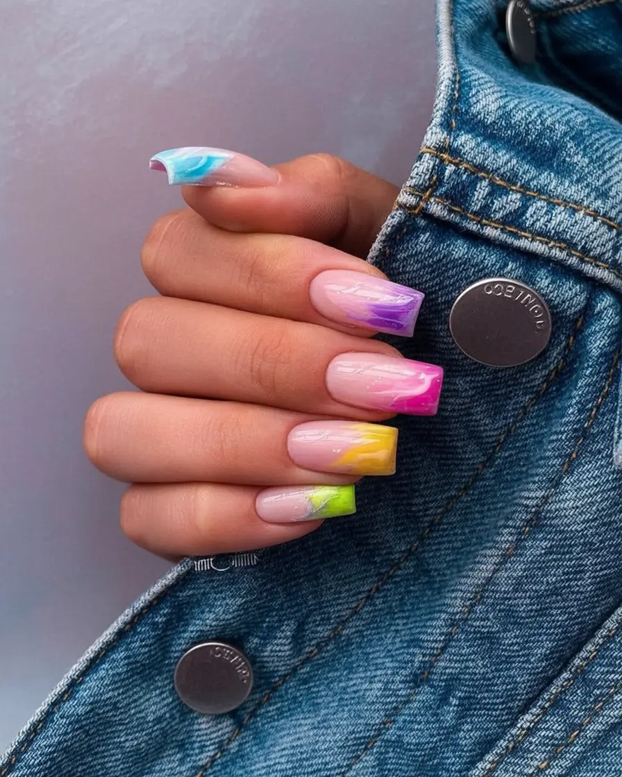 Glossy Gel Nails for Summer 2025 Color-Dipped Tips With A Sunset Swirl