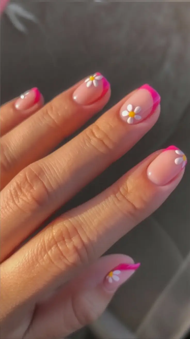 Glossy Gel Nails for Summer 2025 Neon-Pink Blooms With A Daisy Crush