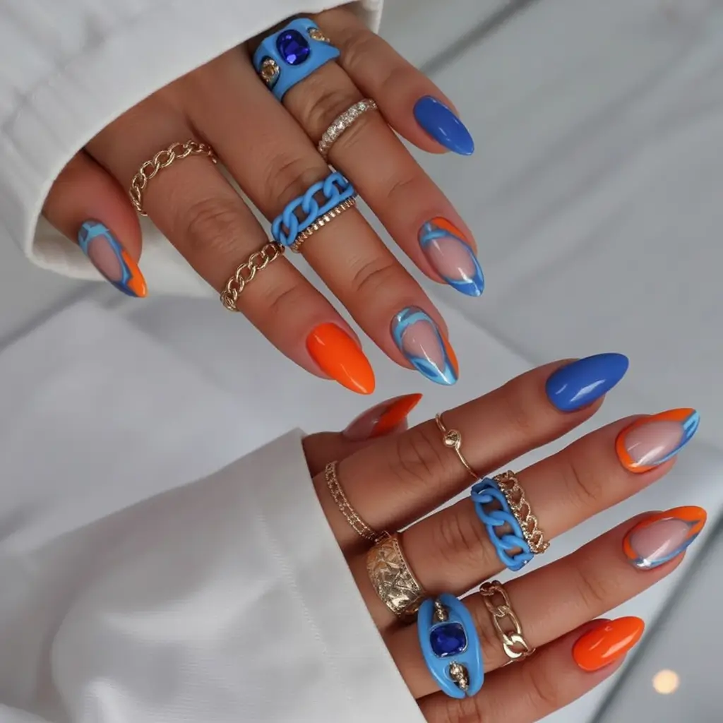 Glossy Gel Nails for Summer 2025 Electric Blue And Tangerine Almond Flames