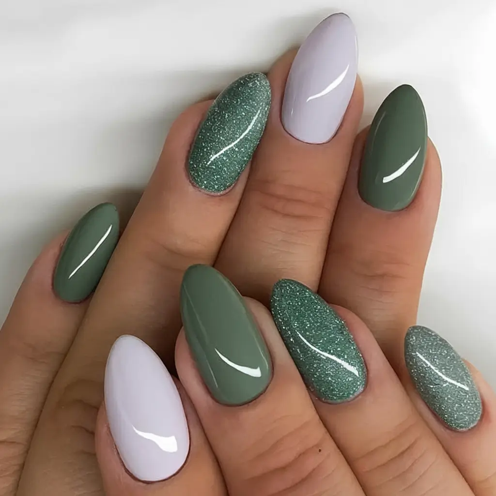 Green Summer Nails for 2025 Days Muted Mix with Glitter