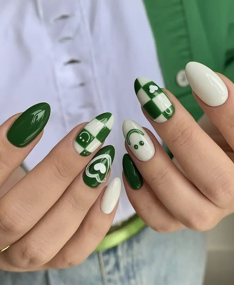 Green Summer Nails for 2025 Days Retro Clover Checkerboard