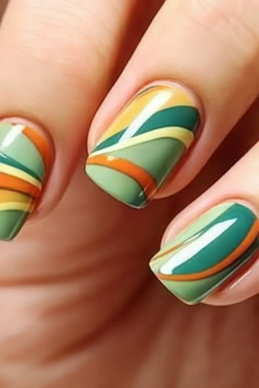Green Summer Nails for 2025 Days Retro Swirls With Orange St. Patricks Edge
