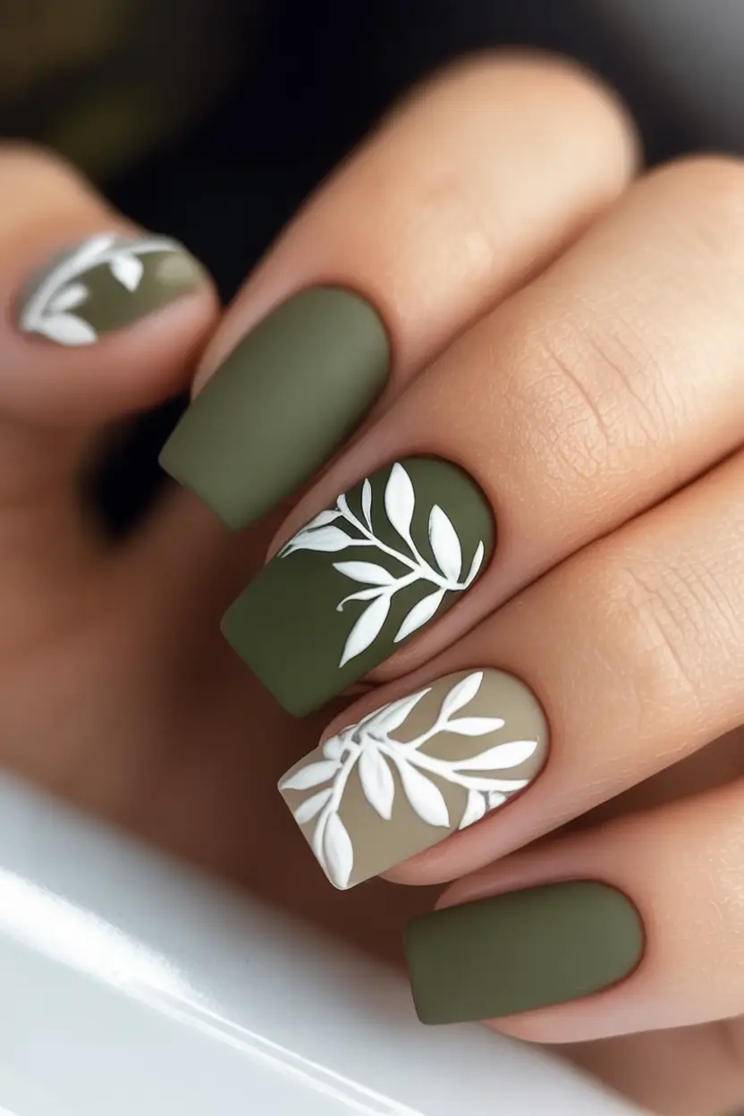 Green Summer Nails for 2025 Days Matte Leaves on Olive Dreams