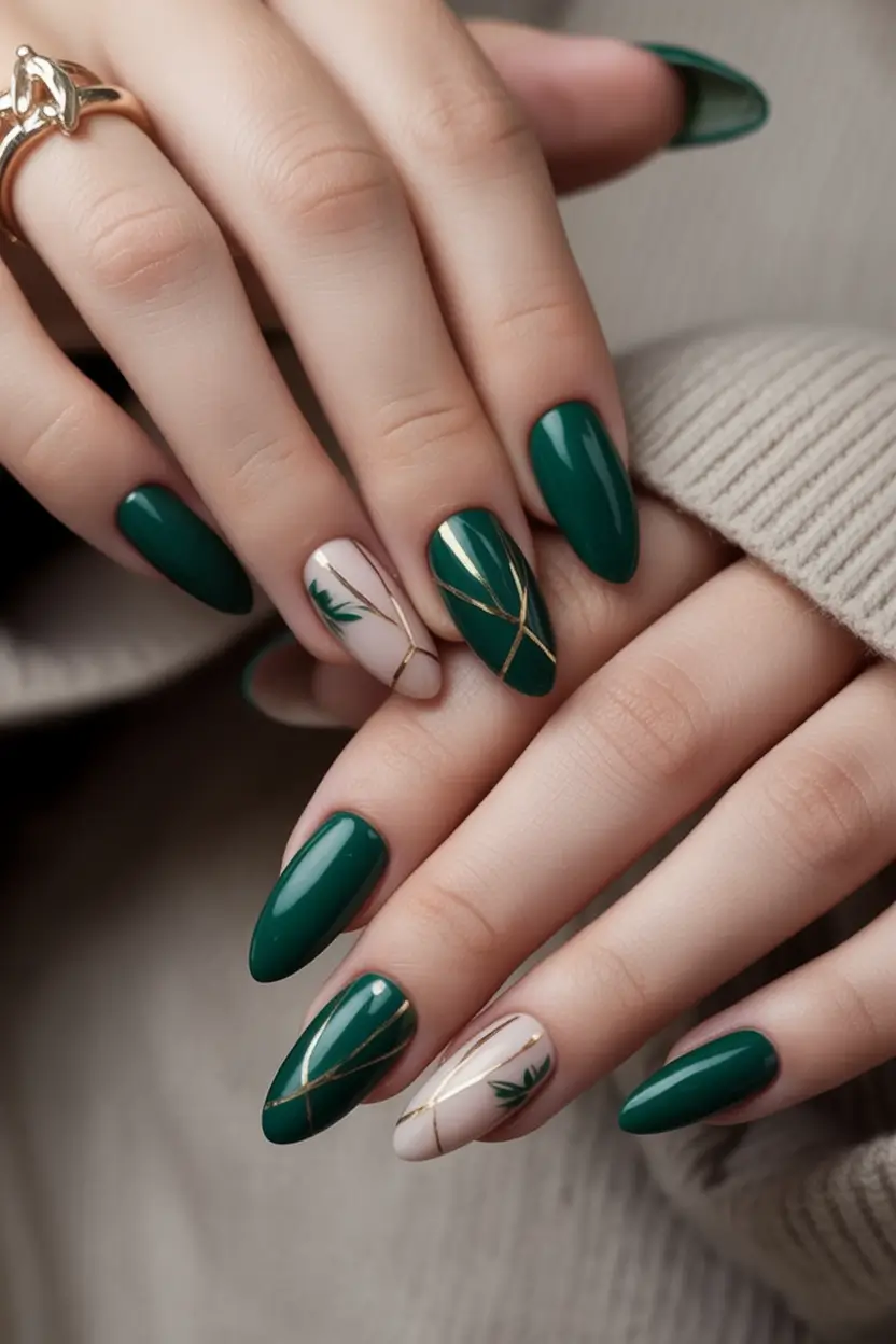Green Summer Nails for 2025 Days Shiny Forest With Metallic Ribbon Lines