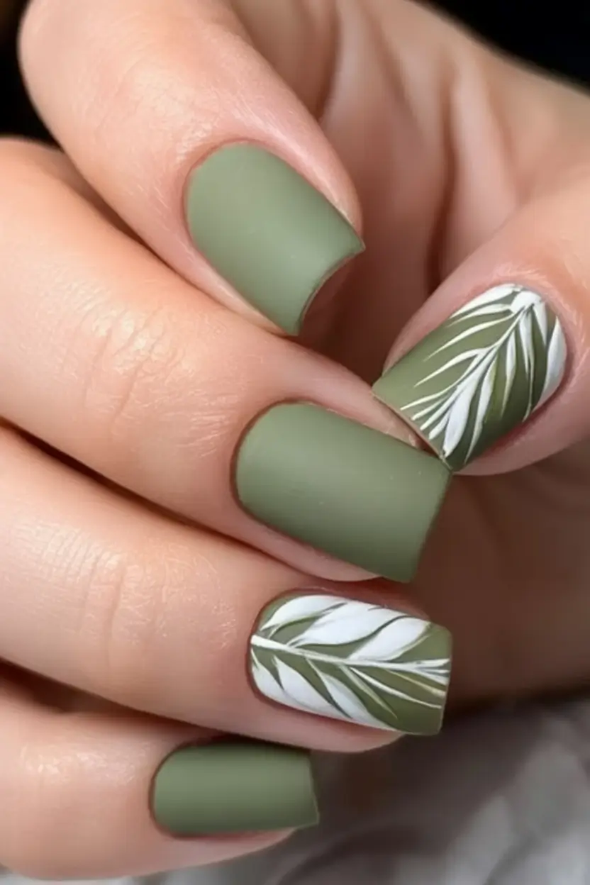 Green Summer Nails for 2025 Days Matte Sage Layers With Leafy Lines