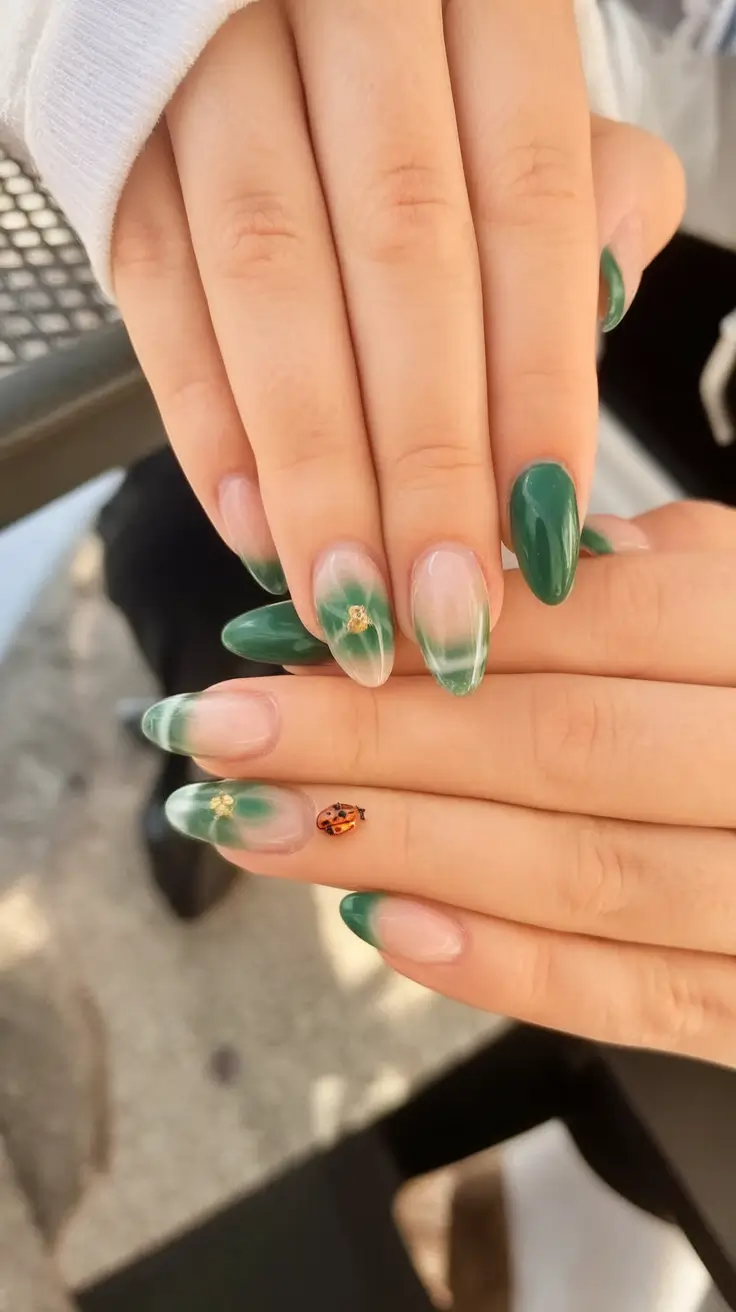 Green Summer Nails for 2025 Days Marble Whispers & Ladybugs