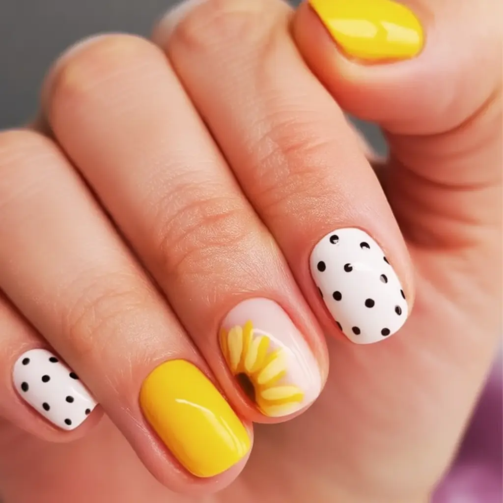 july nails you’ll want in 2025 Sunflower Pop & Polka Dots