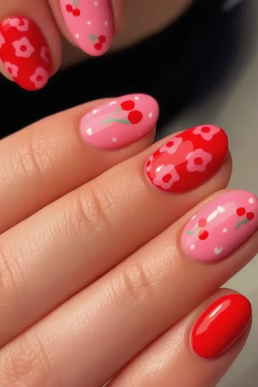july nails you’ll want in 2025 Cherry Kiss & Retro Blooms