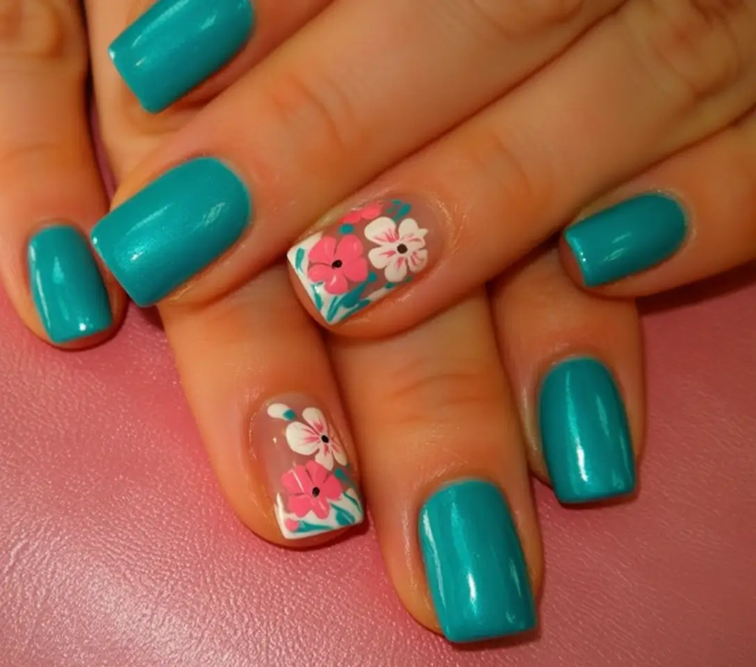 july nails you’ll want in 2025 Teal Bloom with Tropical Charm