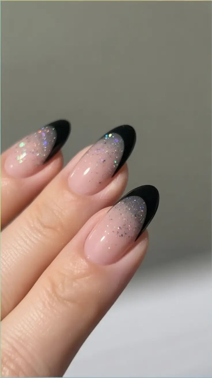Best June Nail Colors for 2025 Black Stardust Crescent Tips