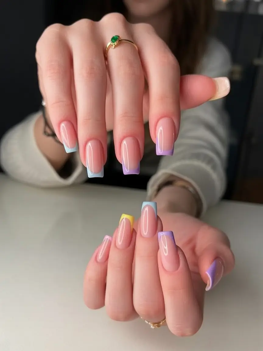 Best June Nail Colors for 2025 Sunset Pastel Tips on Glossy Nude
