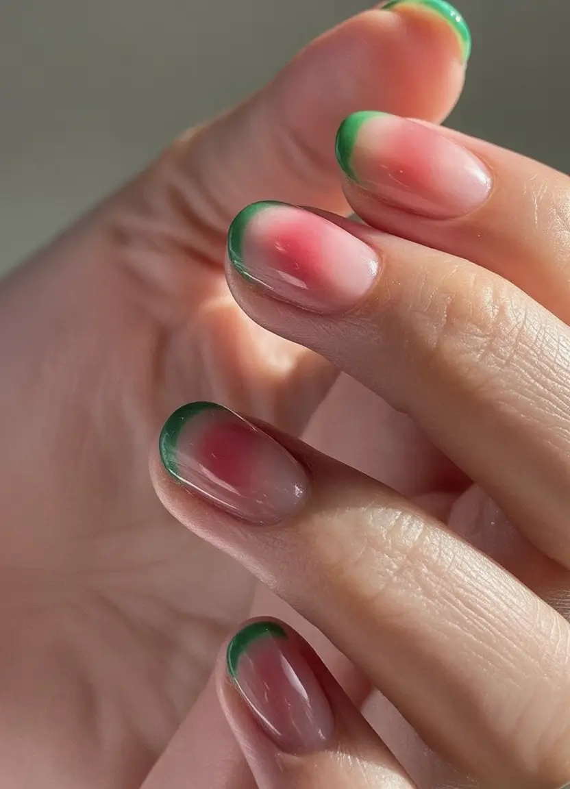 Best June Nail Colors for 2025 Watermelon Blush With Green French Tips