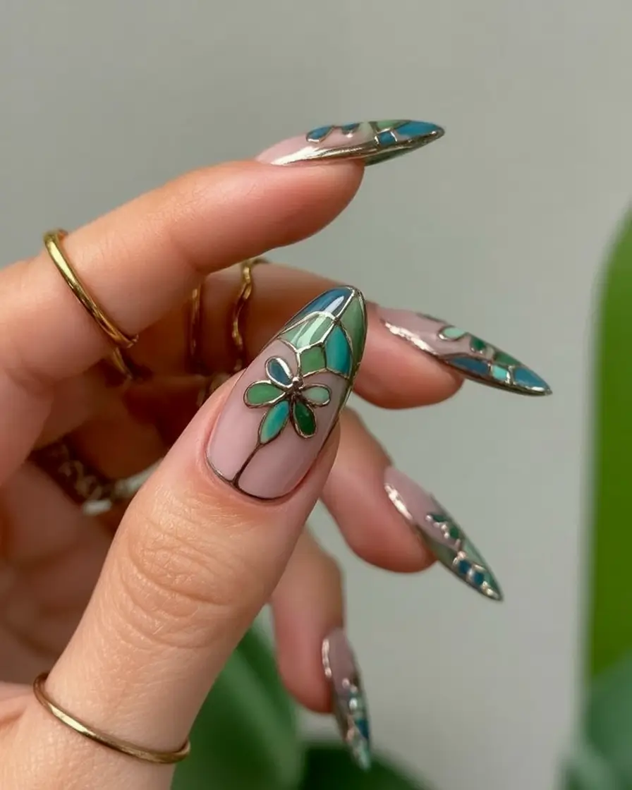 June 2025 Nails You’ll Love Stained Glass Teal Florals