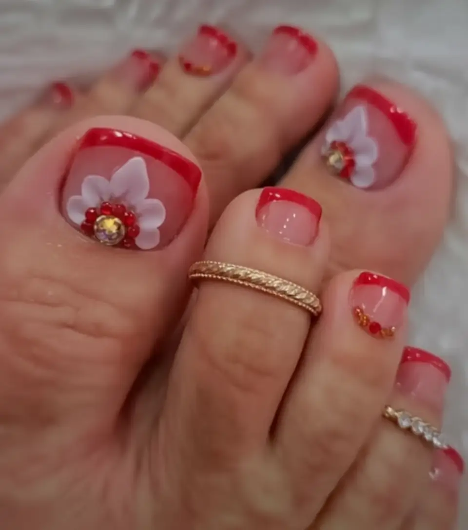 June 2025 Toes with Style Crimson Blossoms on Nude