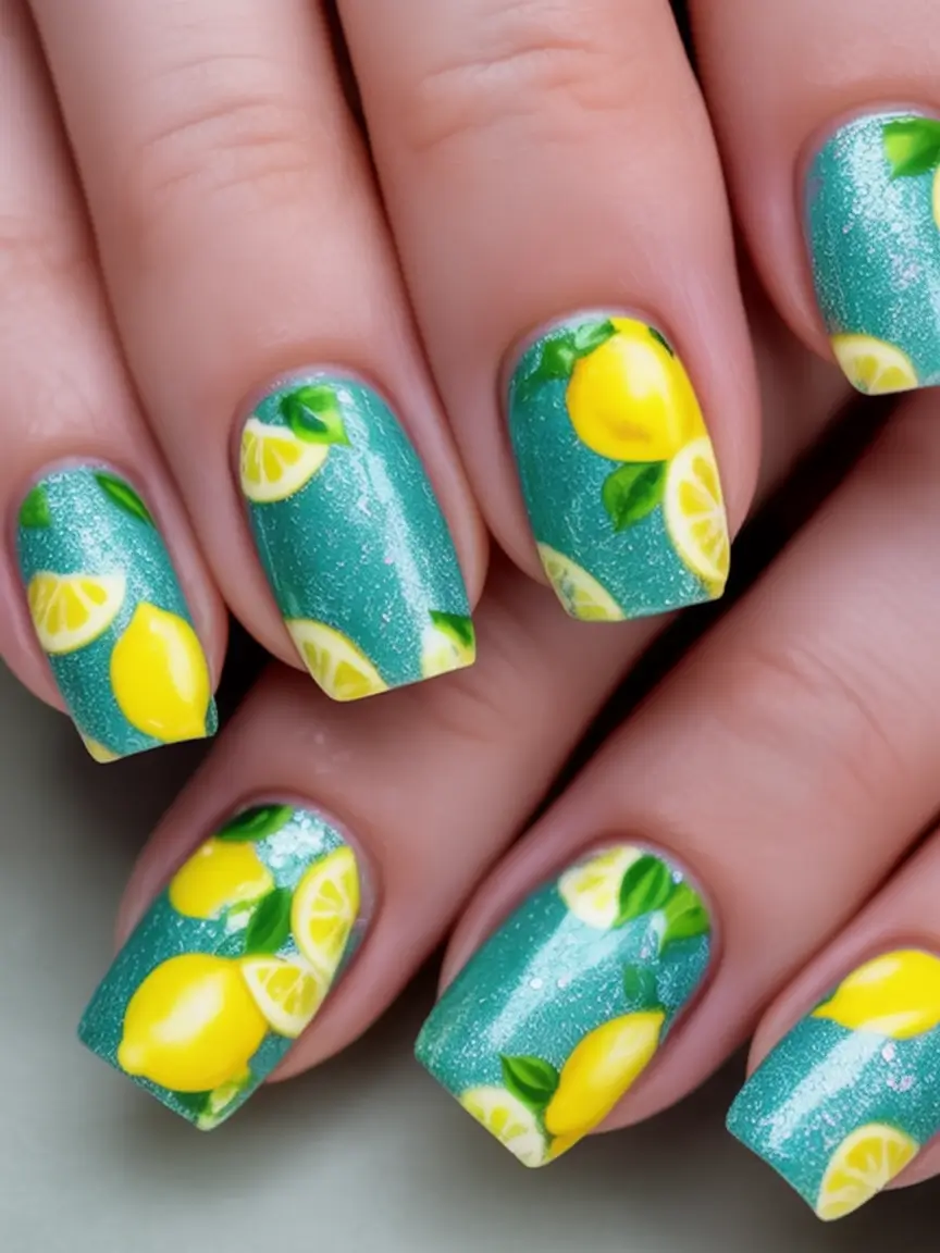 Lemon Nail Vibes for Summer 2025 Teal Sparkle With Citrus Energy