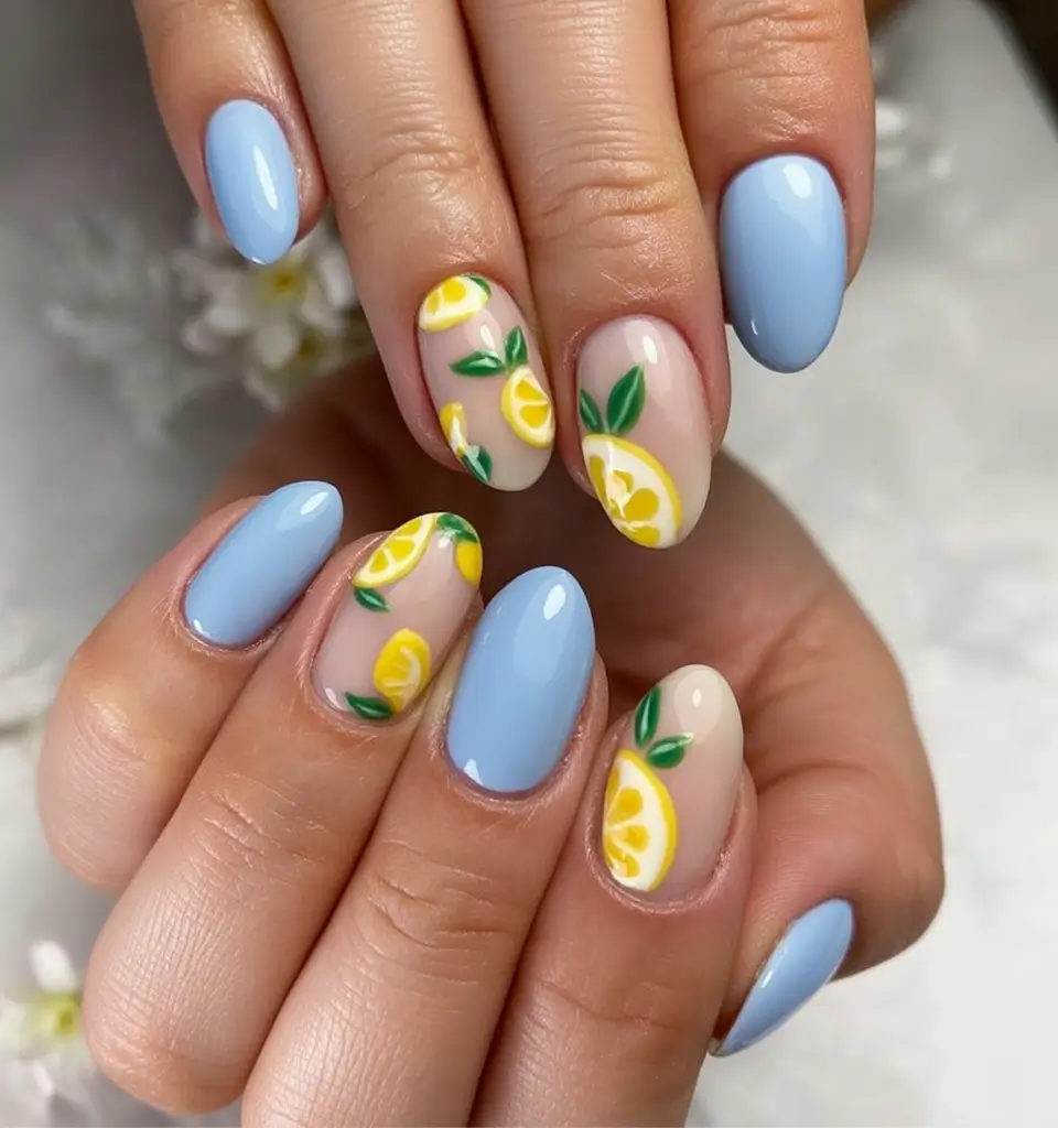 Lemon Nail Vibes for Summer 2025 Blue Citrus Breeze with Glossy Minimal Art