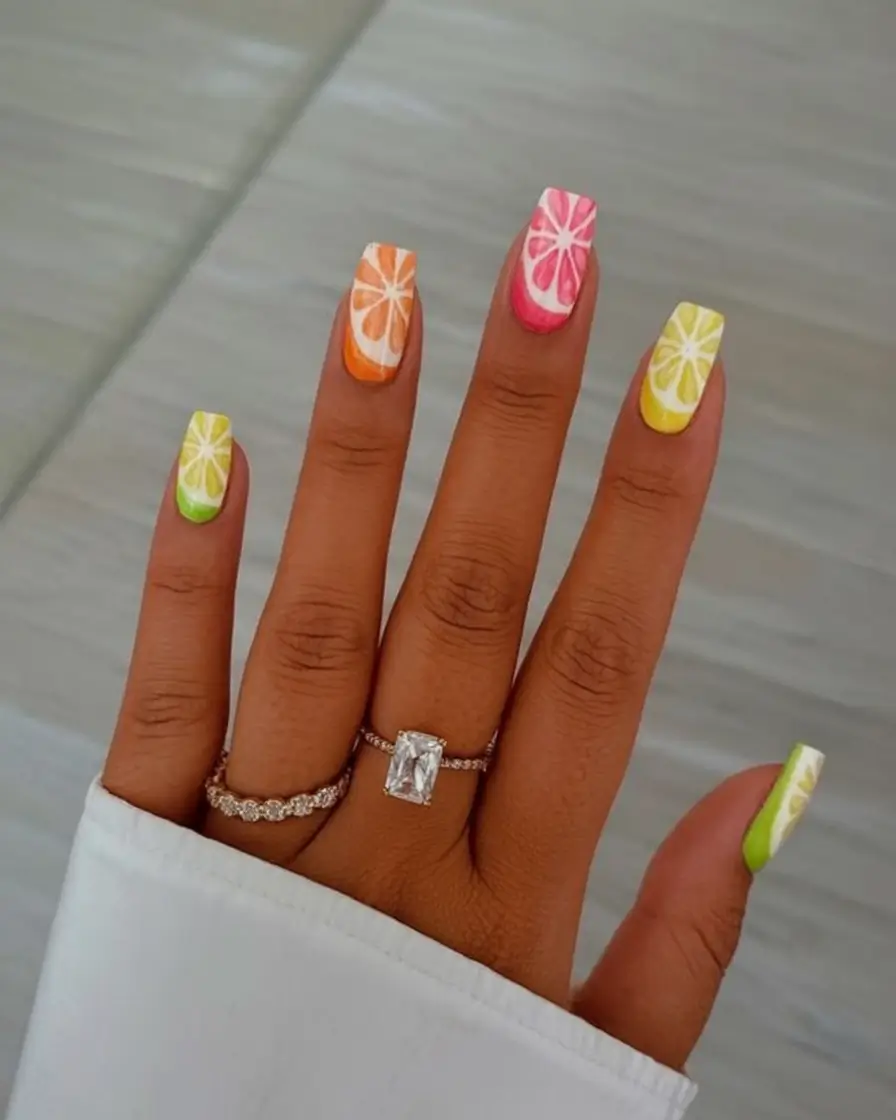 Lemon Nail Vibes for Summer 2025 Fruit Slice Rainbow on Square Tips