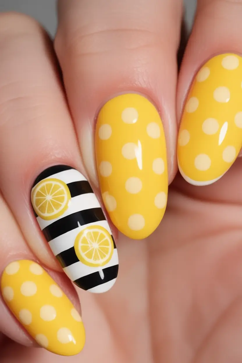 Lemon Nail Vibes for Summer 2025 Retro Lemonade Pop Art Polka Set