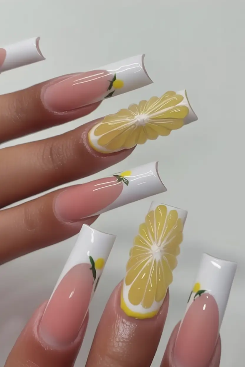 Lemon Nail Vibes for Summer 2025 French Fade with 3D Lemon Drama
