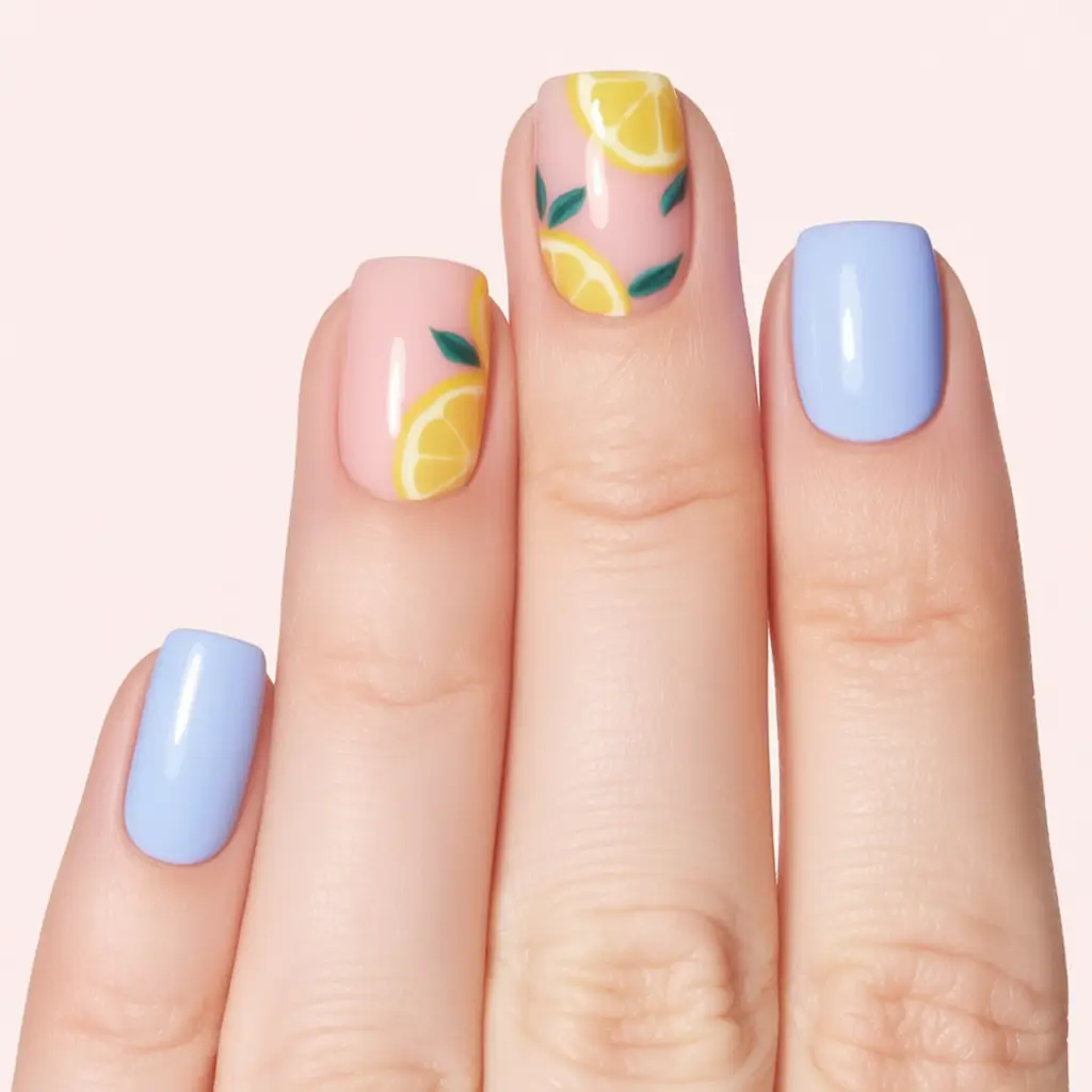 Lemon Nail Vibes for Summer 2025 Pastel Lemons with Sky Blue Pop
