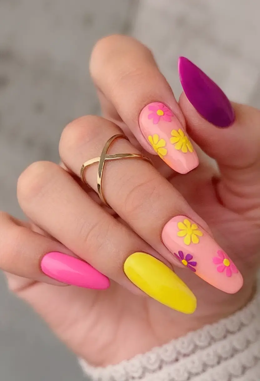 Long Summer Nails for 2025 Glow Sunshine Bloom with Daisy Accents