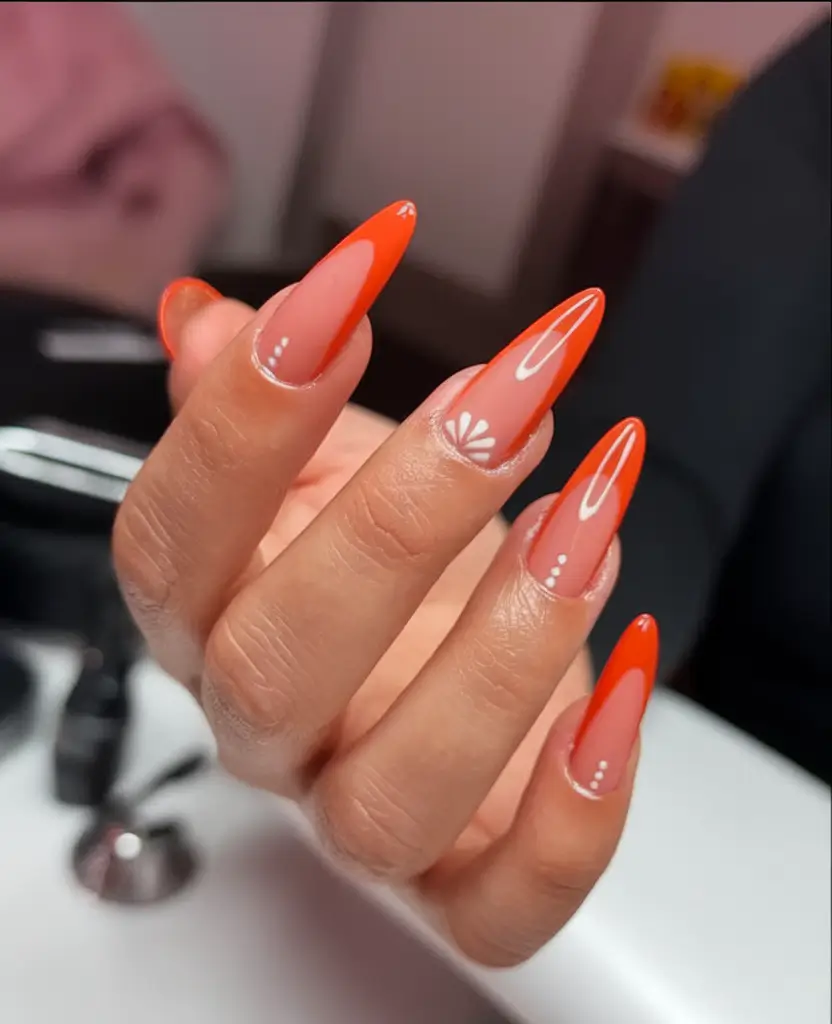 Long Summer Nails for 2025 Glow Tangerine Sorbet with Swirl Details
