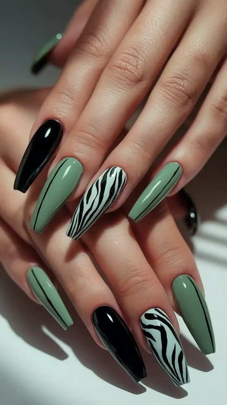 Long Summer Nails for 2025 Glow Safari Meets Sage Elegance
