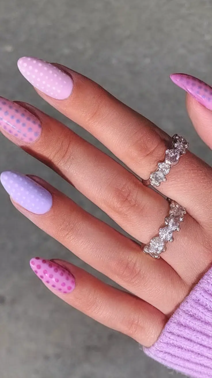 Long Summer Nails for 2025 Glow Lavender Polka Dot Dream