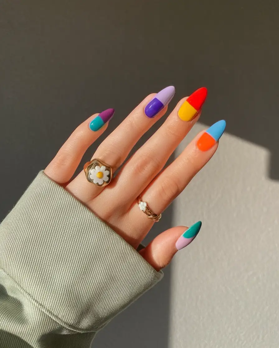 Long Summer Nails for 2025 Glow Color-Blocked Rainbow Fun