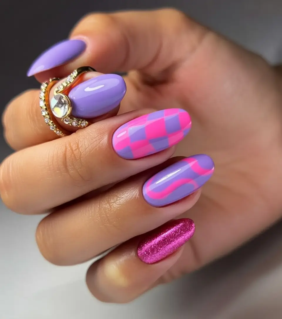 Long Summer Nails for 2025 Glow Pastel Lilac & Hot Pink Checkerboard Mash-Up