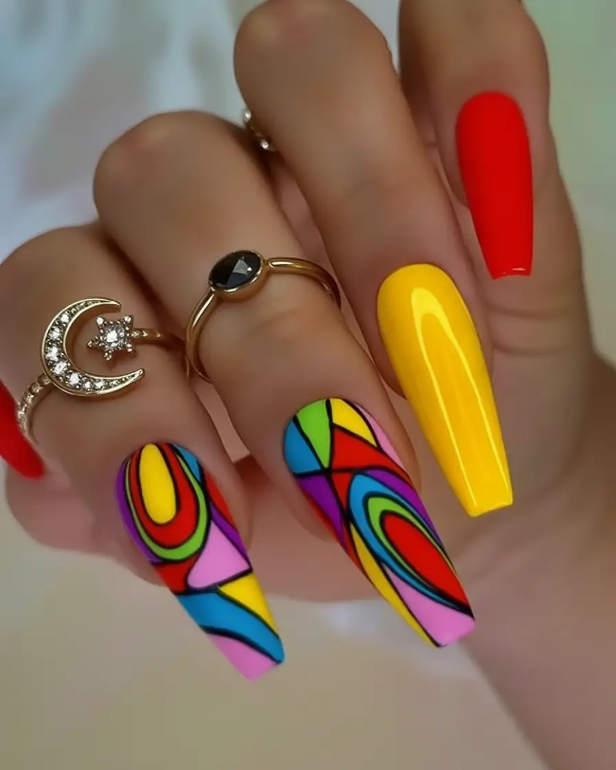 Long Summer Nails for 2025 Glow Pop Art Color Clash