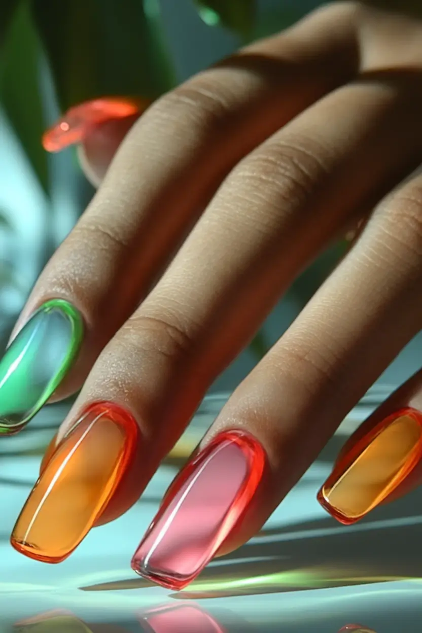 Long Summer Nails for 2025 Glow Jelly Neon Glass Tips