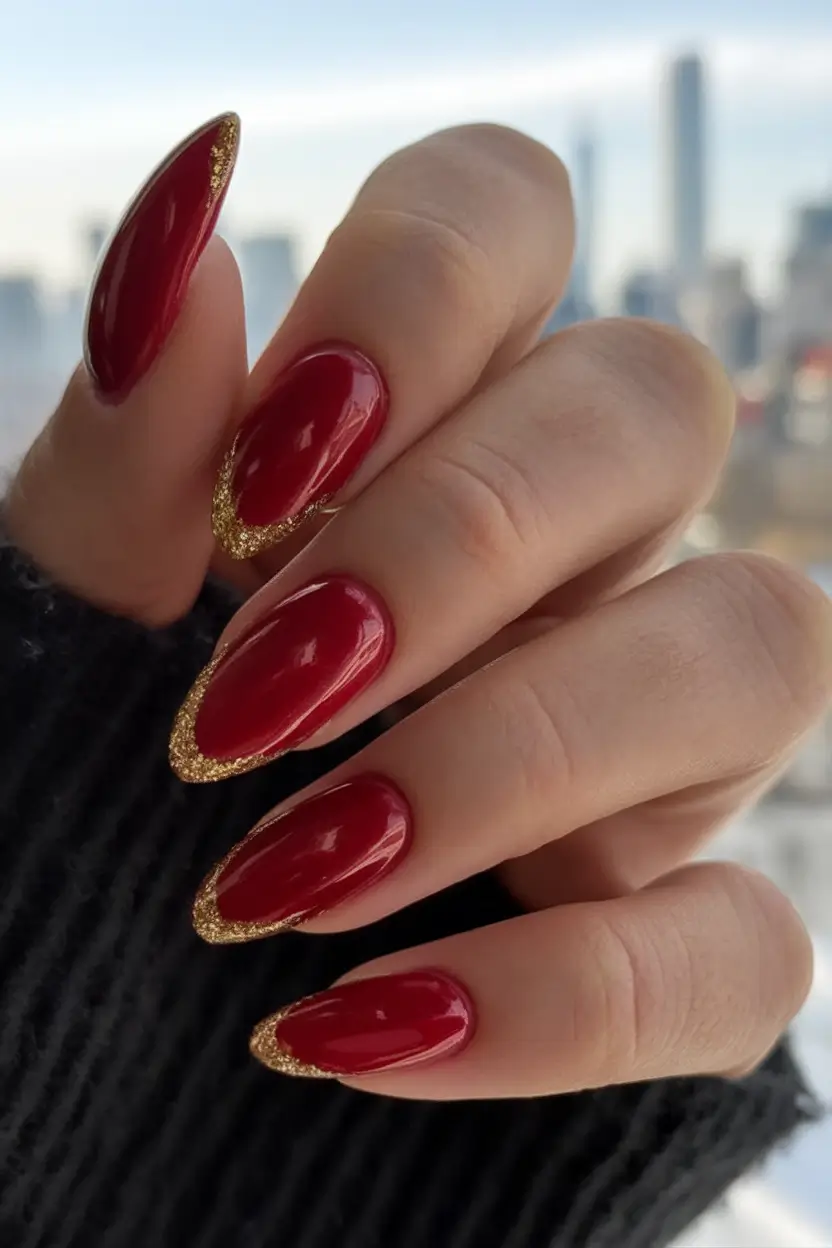 Long Summer Nails for 2025 Glow Golden Velvet Tips on Ruby Red
