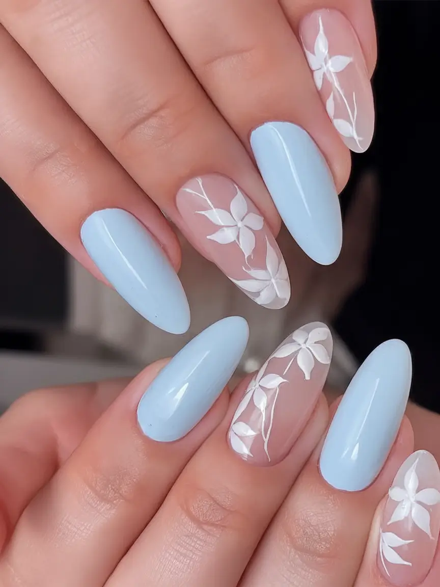 Long Summer Nails for 2025 Glow Soft Petals on Blue Sky