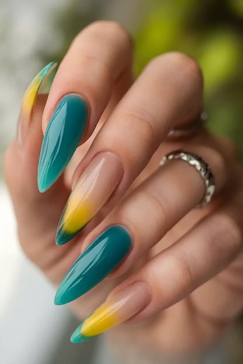 Long Summer Nails for 2025 Glow Green Meets Gold Ombre Fade