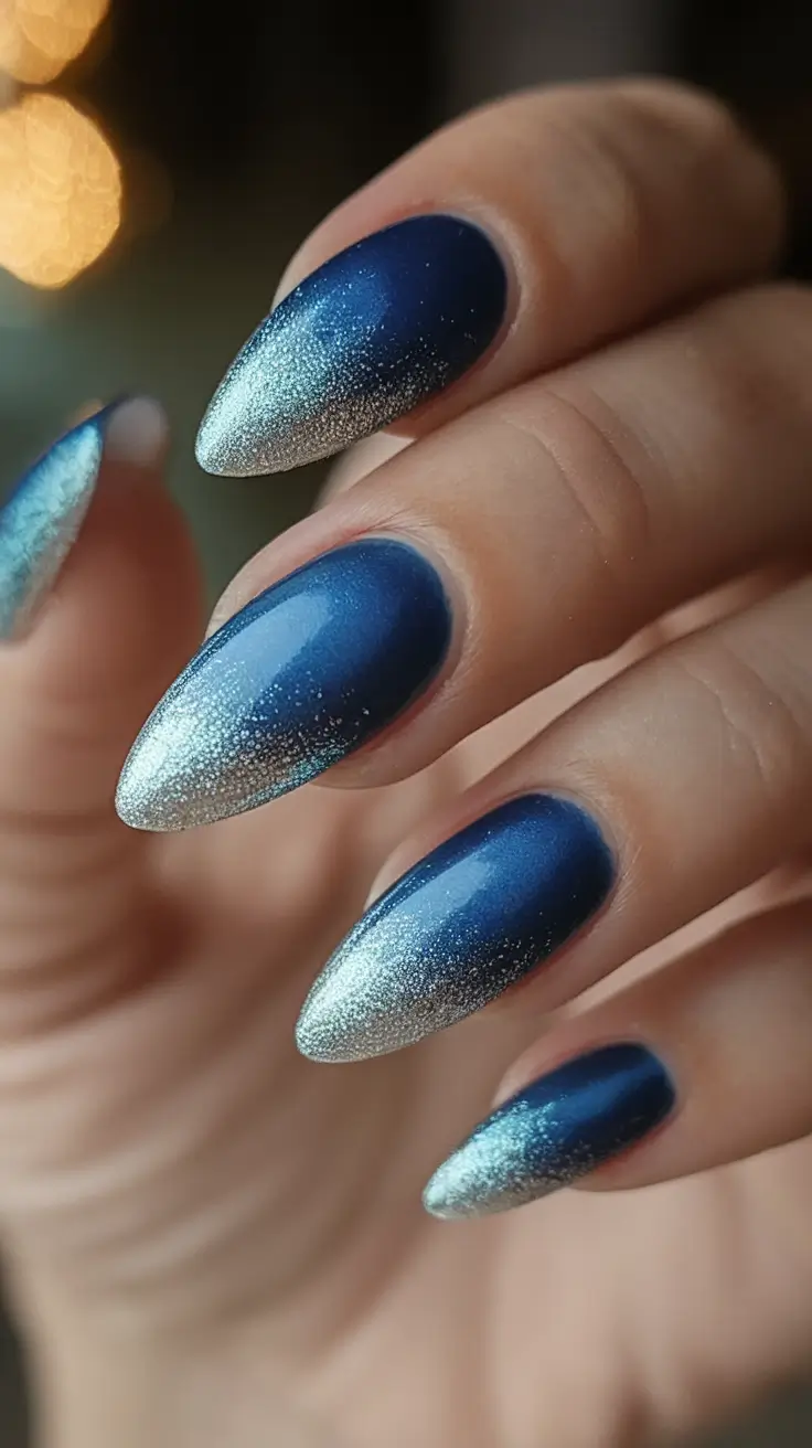 Long Summer Nails for 2025 Glow Midnight Melt with Silver Dust