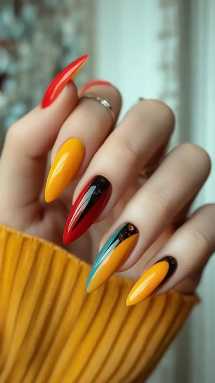Long Summer Nails for 2025 Glow Primary Clash in Glossy Flame