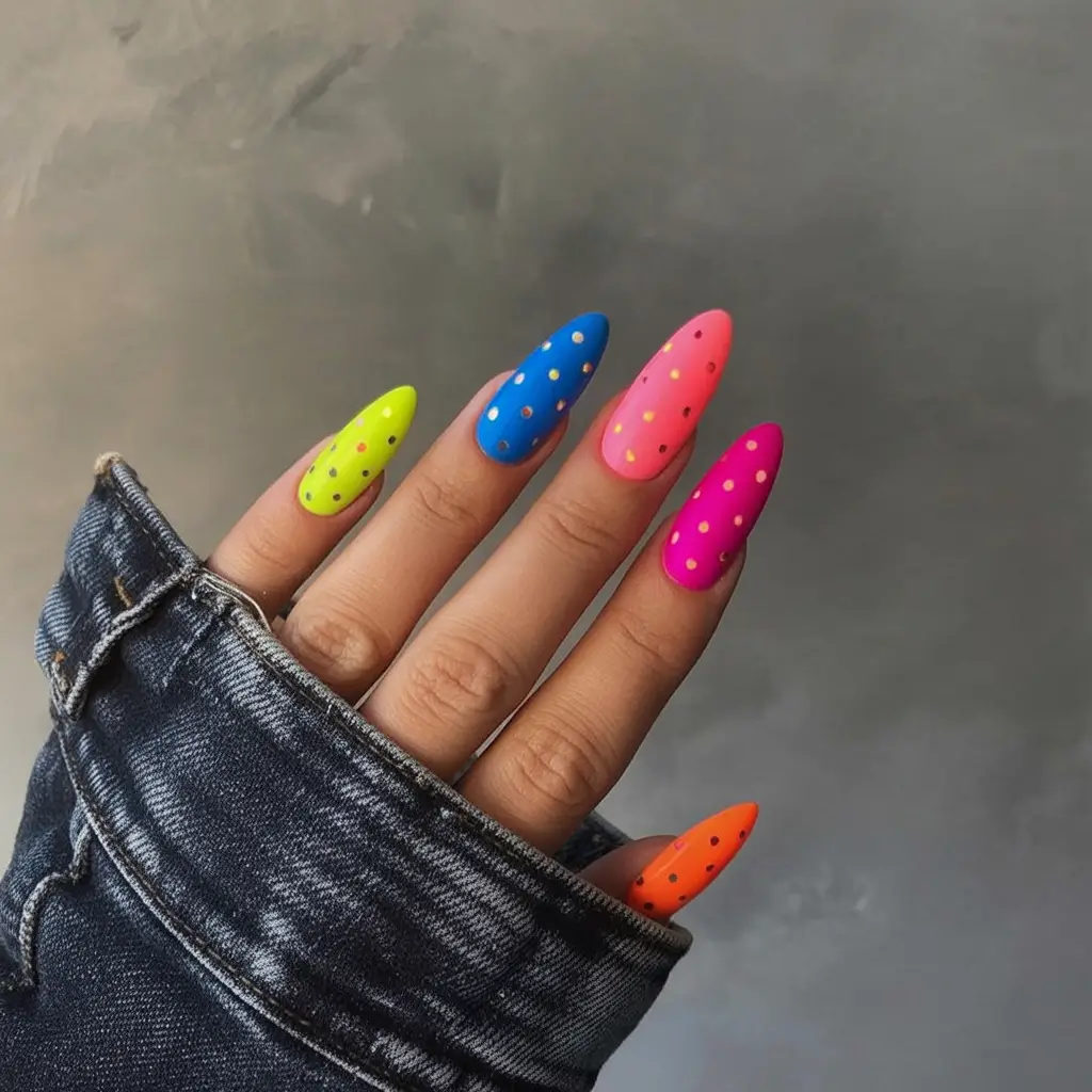 Long Summer Nails for 2025 Glow Neon Party Pop with Gold Studs